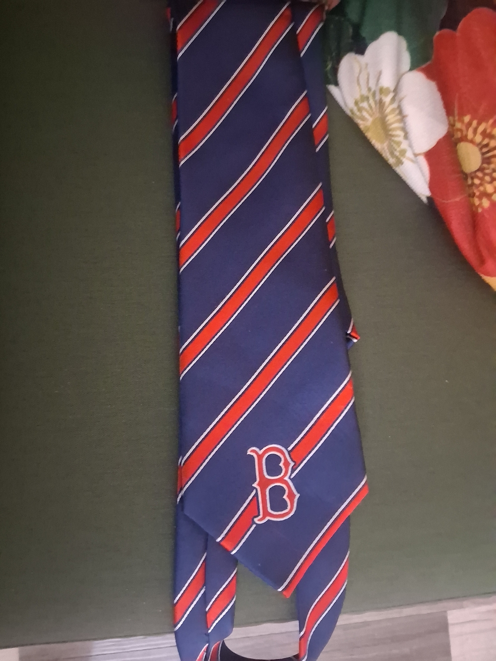 Men's Navy and Red Striped Tie with Embroidered 'B'